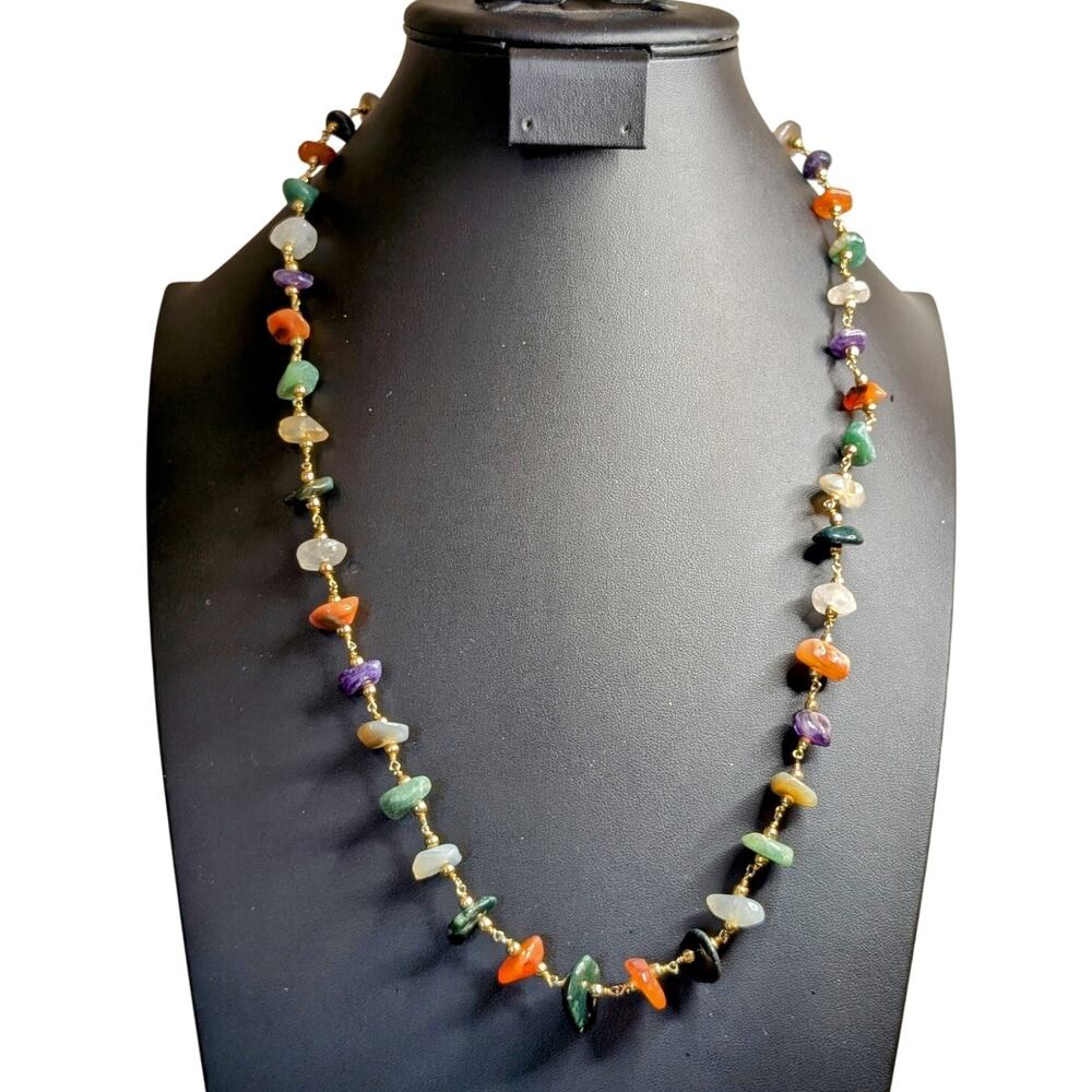 Vintage Multi Genuine Gemstone Gold Tone Bead Barrel Clasp 26" Necklace